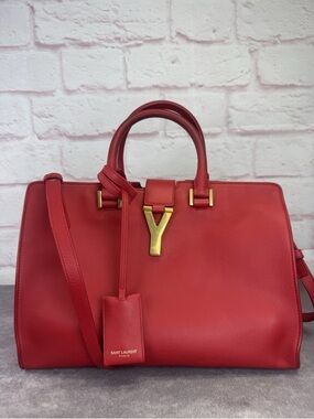 Saint Laurent Red Leather Satchel with Gold Y Detail
